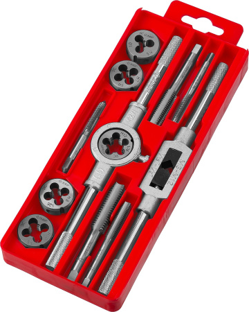 12 предметов, набор метчиков и плашек в пластиковом боксе, сталь 9ХС ЗУБР