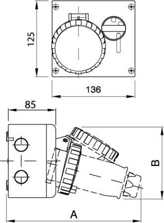Розетка настенная с механической блокировкой и верхним расположением разъема IP67 32А 3P+E 400В DKC