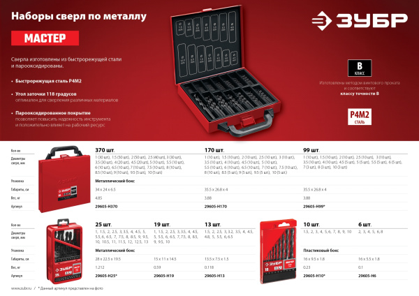 МАСТЕР 6шт(2-8мм), Набор сверл по металлу, сталь Р4М2, класс В ЗУБР