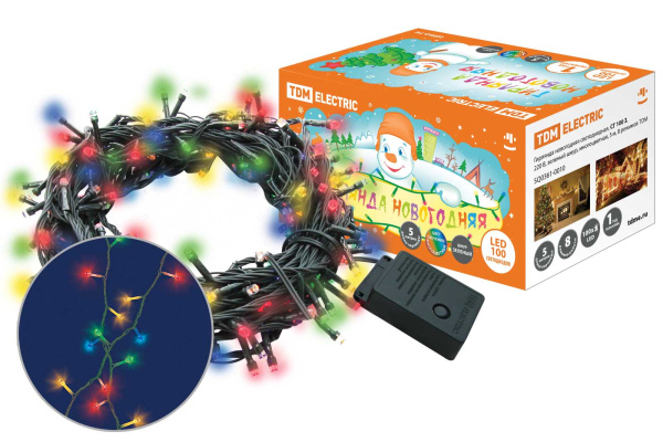 Гирлянда новогодняя светодиодная, СГ 100 З, 220 В, зеленый шнур, многоцветная, 5 м, 8 режимов TDM