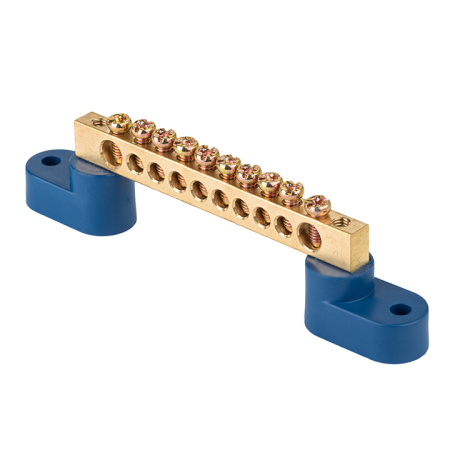Шина "0" N (6х9мм) 10 отверстий латунь 2 синих угловых изолятора PROxima EKF