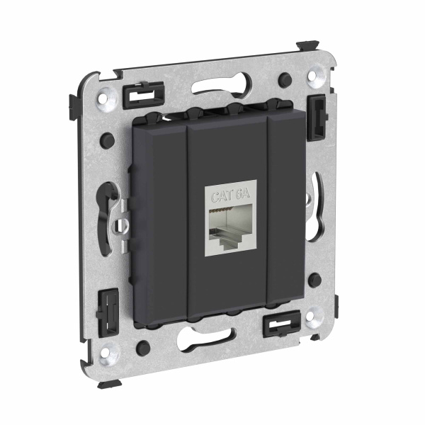 Компьютерная розетка RJ-45 без шторки в стену, кат.6А одинарная экранированная, "Avanti", "Черный матовый" DKC