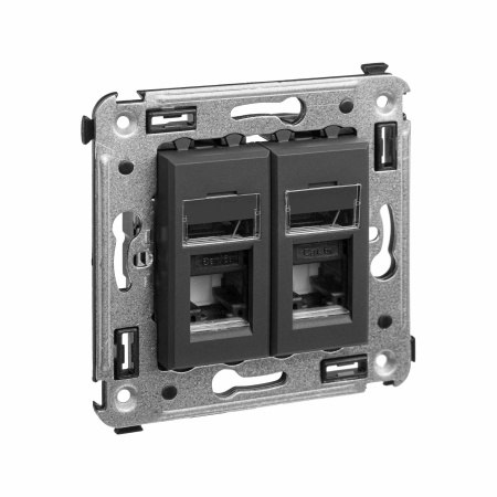 Компьютерная розетка RJ-45 в стену, кат.6А двойная, "Avanti", "Черный матовый" DKC