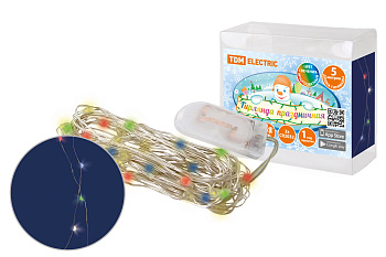 Гирлянда светодиодная "Роса50" 50LED, 5м, многоцвет., 2хCR2032 , TDM
