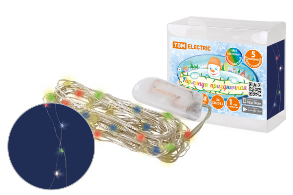 Гирлянда светодиодная "Роса50" 50LED, 5м, многоцвет., 2хCR2032 , TDM
