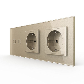 Двухклавишный сенсорный выключатель с двумя розетками 3 поста, цвет шампань Livolo