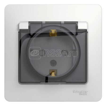 GLOSSA  Розетка СУ 1-м. с з/з, со штор. с крышкой, в сборе 16А белый IP44 (уп.10шт) Schneider Electric