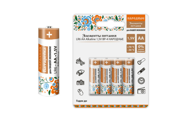 Элемент питания LR6 AA Alkaline 1,5V BP-4 Народный Элемент питания LR6 AA Alkaline 1,5V BP-4 Народный