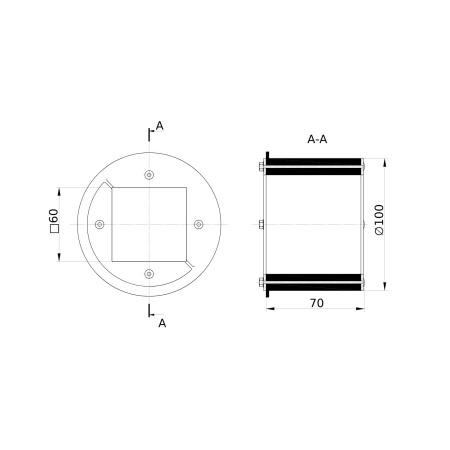 Проходка круглая, нержавеющая, D100х70 мм с проёмом 60х60 мм DKC