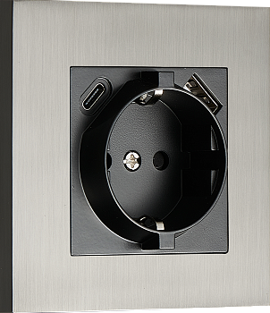 Donel N96 Розетка Schuko с зарядным устройством USB A+C, с защитными шторками, Вороненая сталь, серия DT