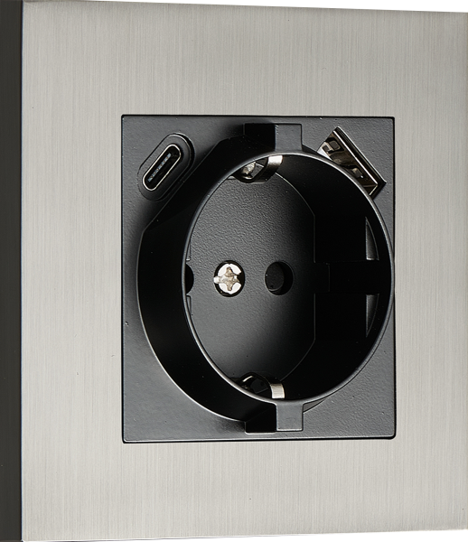 Donel N96 Розетка Schuko с зарядным устройством USB A+C, с защитными шторками, Вороненая сталь, серия DT