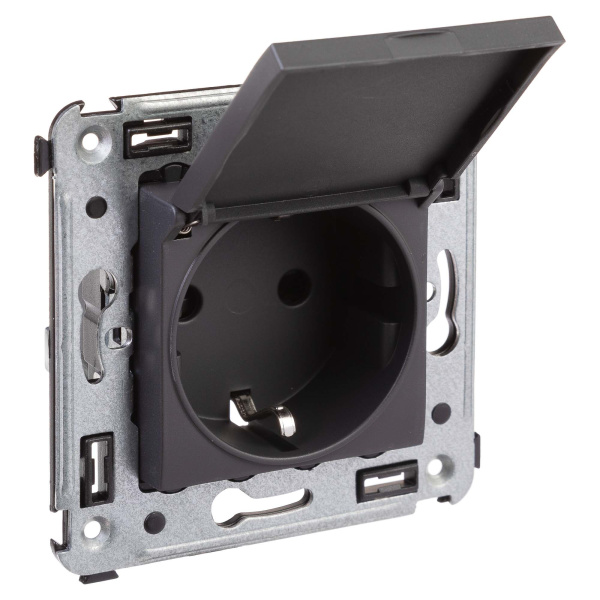 Розетка с крышкой в стену, 2P+E, с з/ш, "Avanti", "Черный матовый" DKC