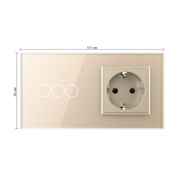 Трехклавишный сенсорный выключатель с розеткой 2 поста, цвет шампань Livolo