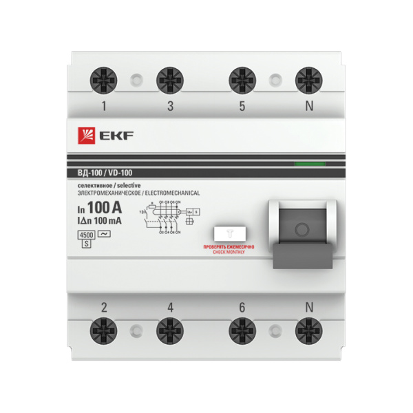 Устройство защитного отключения селективное УЗО 4П 100А (электромеханическое) 4,5кА 100мА PROxima EKF