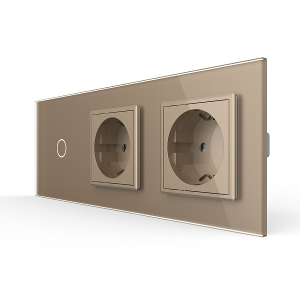 Сенсорный выключатель комбинированный на 1 линию 2 розетки 3 модуля Золотой Livolo