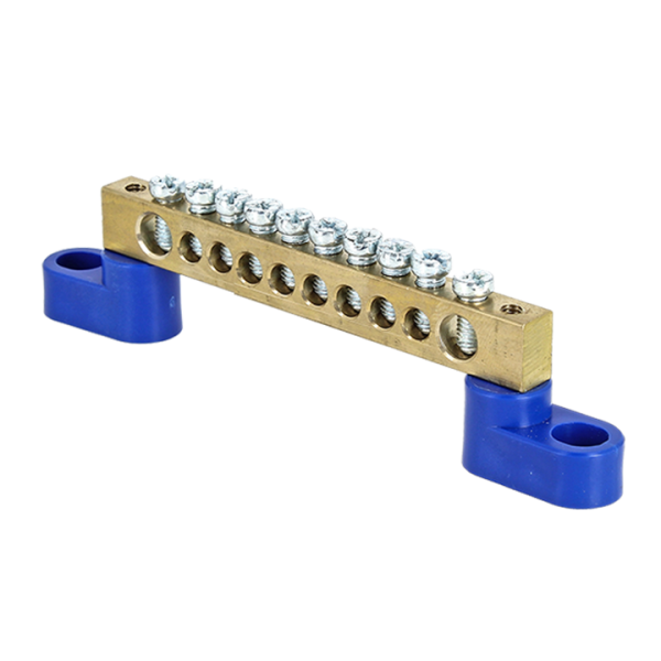 Шина "0" N (6х9мм) 10 отверстий латунь 2 синих угловых изолятора PROxima EKF