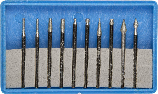 Набор : Мини-насадки с алмазным напылением в пластиковом боксе, P=180, хвостовик d=3мм, 10 предметов ЗУБР
