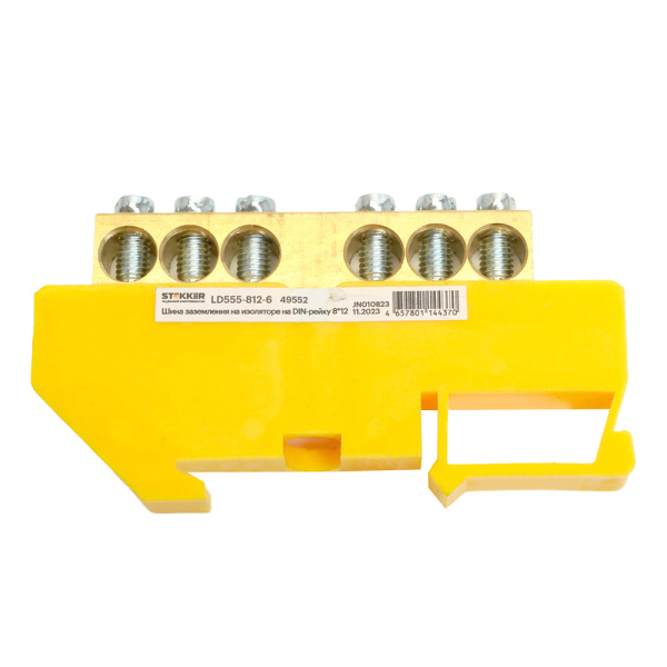 Шина "PE" STEKKER на изоляторе 8*12 на DIN-рейку 6 выводов, желтый, LD555-812-6