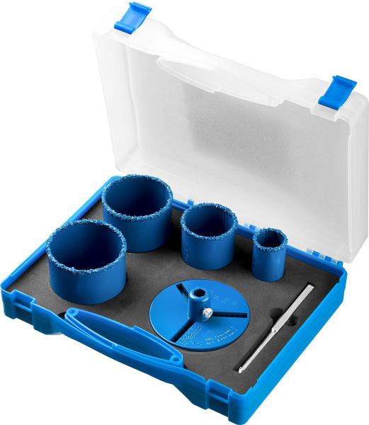 Набор кольцевых коронок "Профессионал" c карбид-вольфрамовым нанесением, 6 предм. в кейсе: коронки d 33, 53, 67, 73 мм, основание, сверло ЗУБР