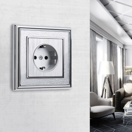 Встраиваемые механизмы розетка СУ 1 мест. с зазем. и шторками 16А серебряный рифленый IP20 Werkel