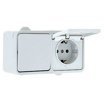 Прага Блок розетка-выключатель 1-кл, 16А с/з с крышкой IP44 белая EKF