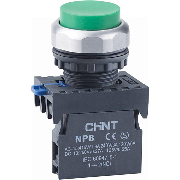 Кнопка упр. выступ., NP8-10GN/3 без подстветки, самовозв., зелен., 1НО, IP65 (R) CHINT