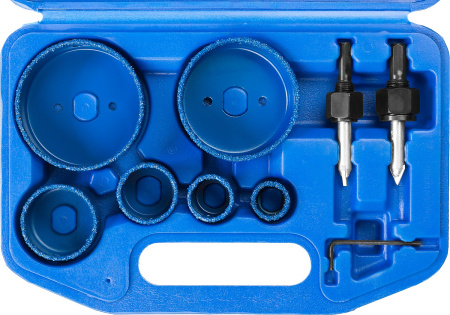 Набор коронок-чашек "Профессионал" c карбид-вольфрамовым нанесением, 6 коронок-чашек d 22, 28, 35, 44, 68, 73 мм, 2 державки со сверлами, ключ ЗУБР