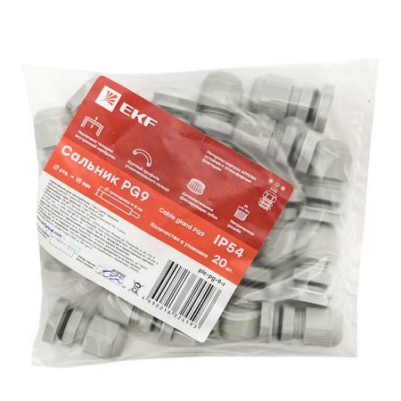 Сальник PG9 IP54 (20 шт) d отв, 16 мм / d провод, 4-8 мм PROxima EKF