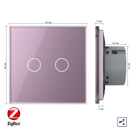 Сенсорный проходной выключатель ZigBee (Wi-Fi) 2 клавиши 1 пост Розовый Livolo