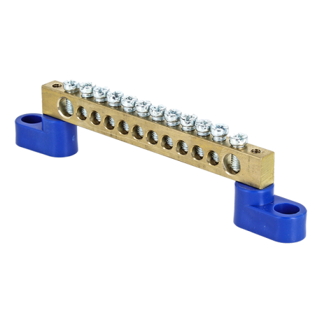 Шина "0" N (6х9мм) 12 отверстий латунь 2 синих угловых изолятора PROxima EKF