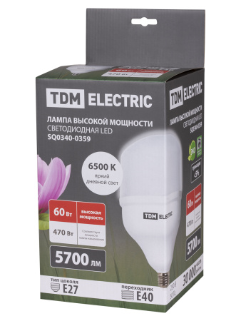 Лампа светодиодная T 60 Вт, 230 В, 6500 К, E27 (160x268 мм) TDM