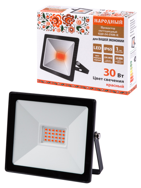 Прожектор светодиодный СДО-04-030Н-К (красный свет) 30 Вт, IP65, черный, Народный TDM