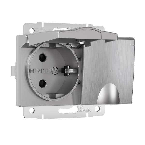 Розетка двойная влагозащ. с зазем. с защит. крышками и шторками (серебряный рифленый) СУ IP44 Werkel