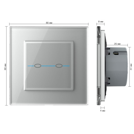 Сенсорный выключатель Quadro 2 клавиши 1 пост Серый Livolo