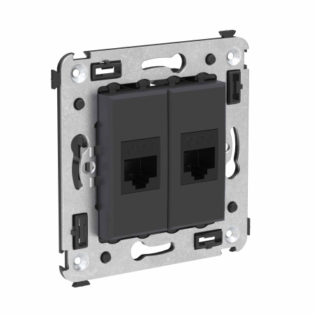 Компьютерная розетка RJ-45 без шторки в стену, кат.6 двойная, "Avanti", "Черный матовый" DKC