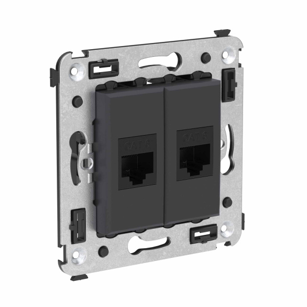 Компьютерная розетка RJ-45 без шторки в стену, кат.6 двойная, "Avanti", "Черный матовый" DKC