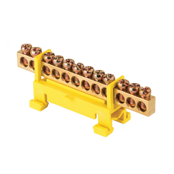 Шина "0" PE (6х9мм) 12 отверстий латунь желтый изолятор тип "Стойка" на DIN-рейку PROxima EKF