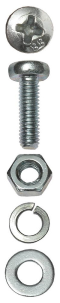 Винт (DIN7985) в комплекте с гайкой (DIN934), шайбой (DIN125), шайбой пруж. (DIN127), M3x10мм, 45шт, ЗУБР