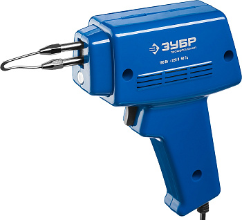 Импульсный паяльник в наборе, 150Вт, нагрев 6 сек., канифоль, припой, 2 сменных жала, в кейсе ЗУБР