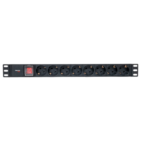Блок розеток PDU TERACOM PRO 19" 1U 10А/250В 8 розеток Schuko с выключателем без шнура питания входной разъем C14 корпус алюминий черный EKF