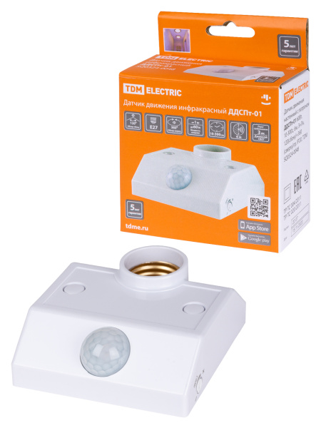 Датчик движения настенный с патроном ДДСПт-01 60Вт, 10-300с, 6м, 3+Лк, 120(сбоку)+360(сверху)гр, IP2
