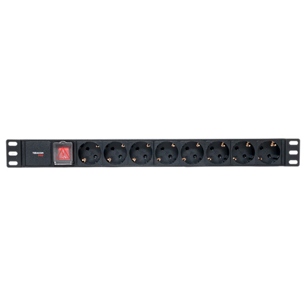 Блок розеток PDU TERACOM PRO 19" 1U 10А/250В 8 розеток Schuko с выключателем без шнура питания входной разъем C14 корпус алюминий черный EKF