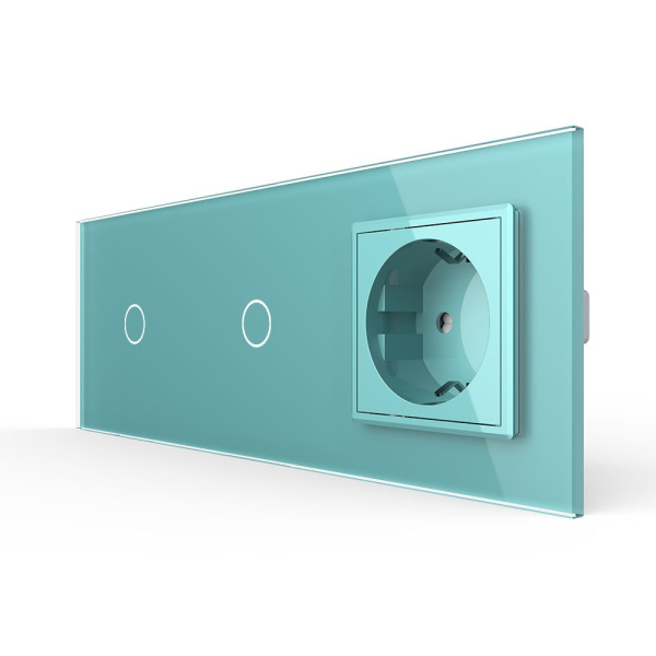 Сенсорный выключатель комбинированный на 2 линии 1 розетка 3 модуля Зеленый Livolo