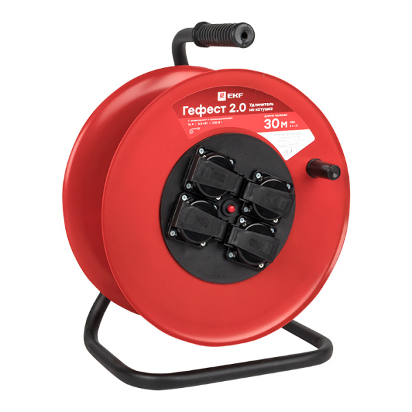 Удлинитель на катушке "Гефест 2,0" 4 гнезда 30м с заземлением и предохранителем ПВС 3*1,5 16А/3,5кВт IP44 PROxima EKF
