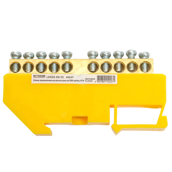 Шина "PE" на изоляторе STEKKER 6*9 на DIN-рейку 10 выводов, желтый, LD555-69-10