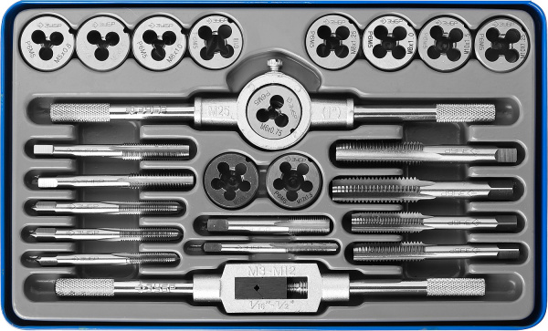 24 предмета, набор метчиков и плашек, сталь Р6М5 ЗУБР