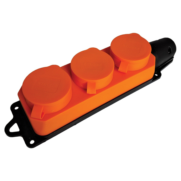 Розетка переносная 3-местная с/з STEKKER, RST16-23-44-5 (РП 16-334), штепсельная 250В, 16А, IP44, оранжевый