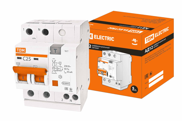 Дифференциальный автоматический выключатель АД12 2П 25А 30мА TDM