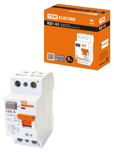 Устройство защитного отключения УЗО ВД1-63 2П 100А 500мА TDM
