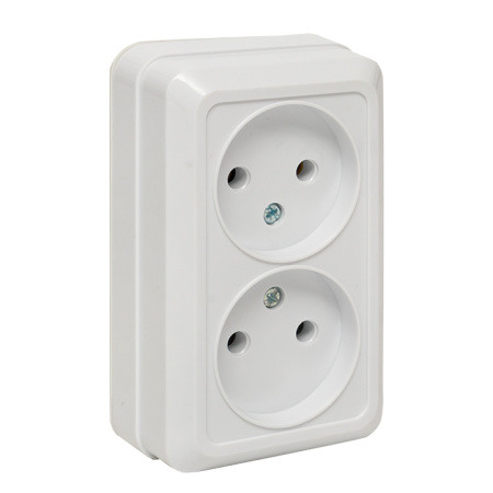 Рим Розетка 2-местная 10А без заземления керам, белая EKF